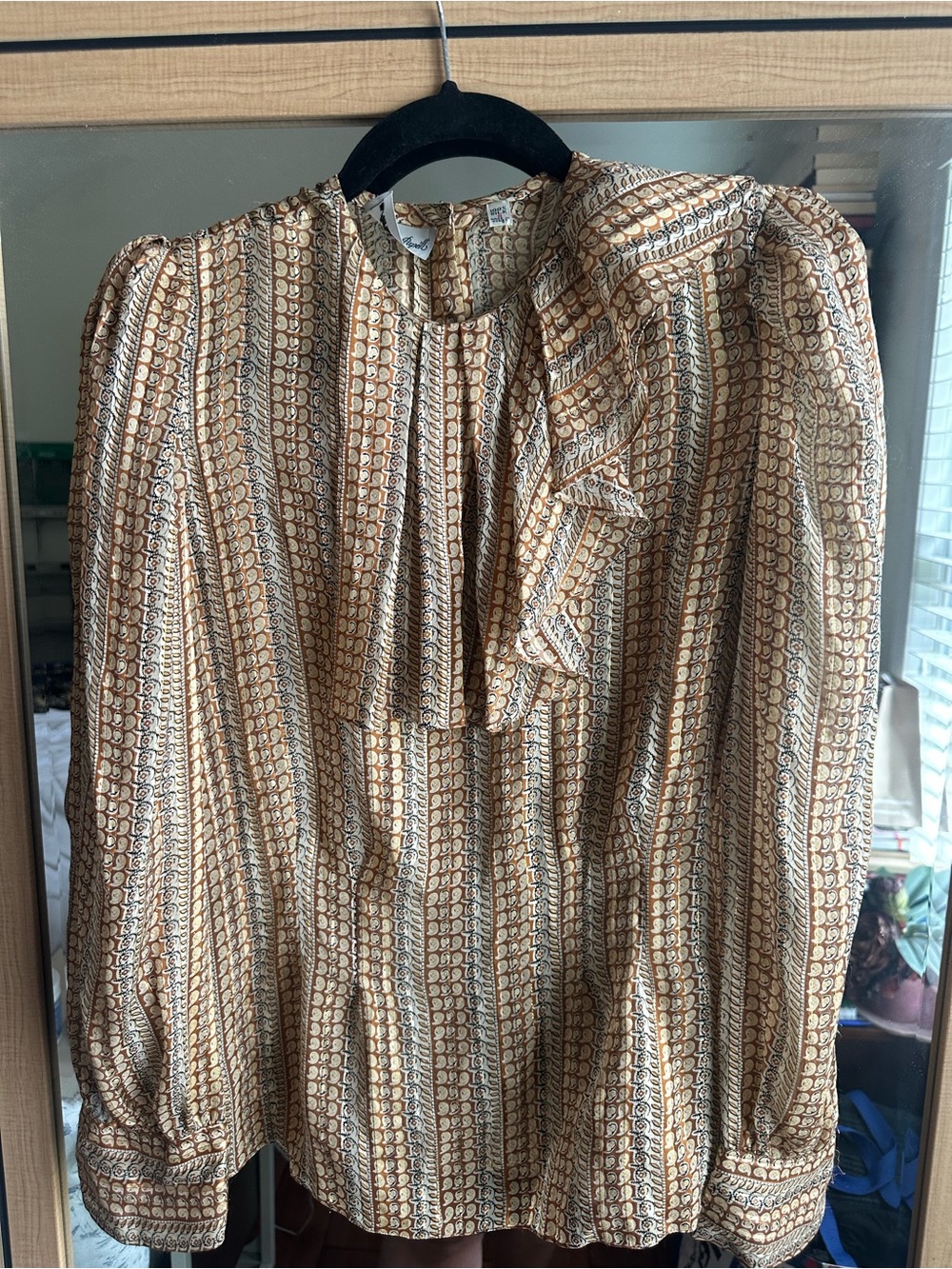 Women's 100% silk Beige Patterned Ruffle Neck Blouse